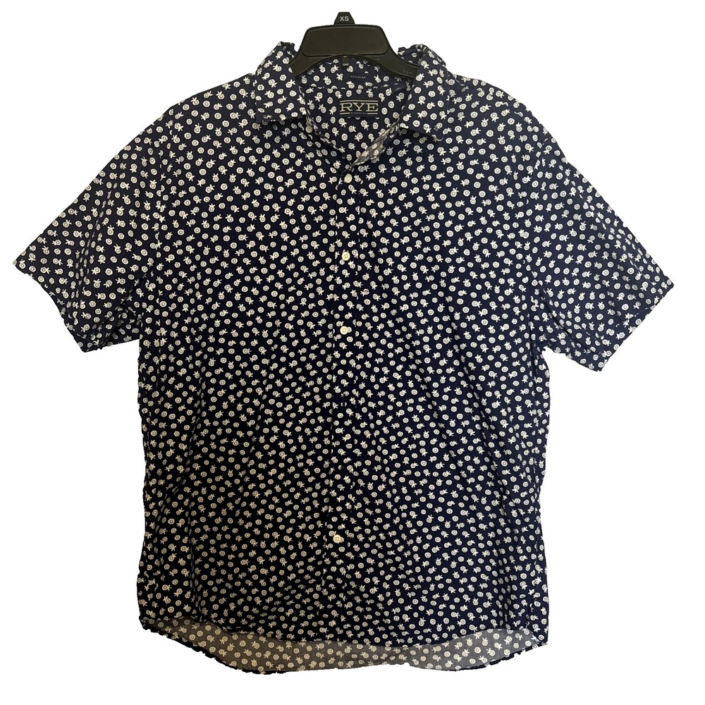 RYE Shirt Men's XL Tall Blue Floral Graphic Print Short Sleeve Button Front